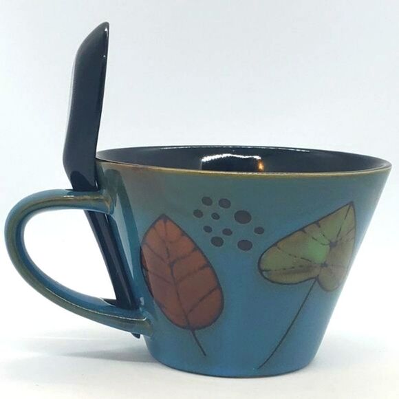 Blue Black Leaf Design Stoneware Soup Mug with Spoon - Picture 2 of 11